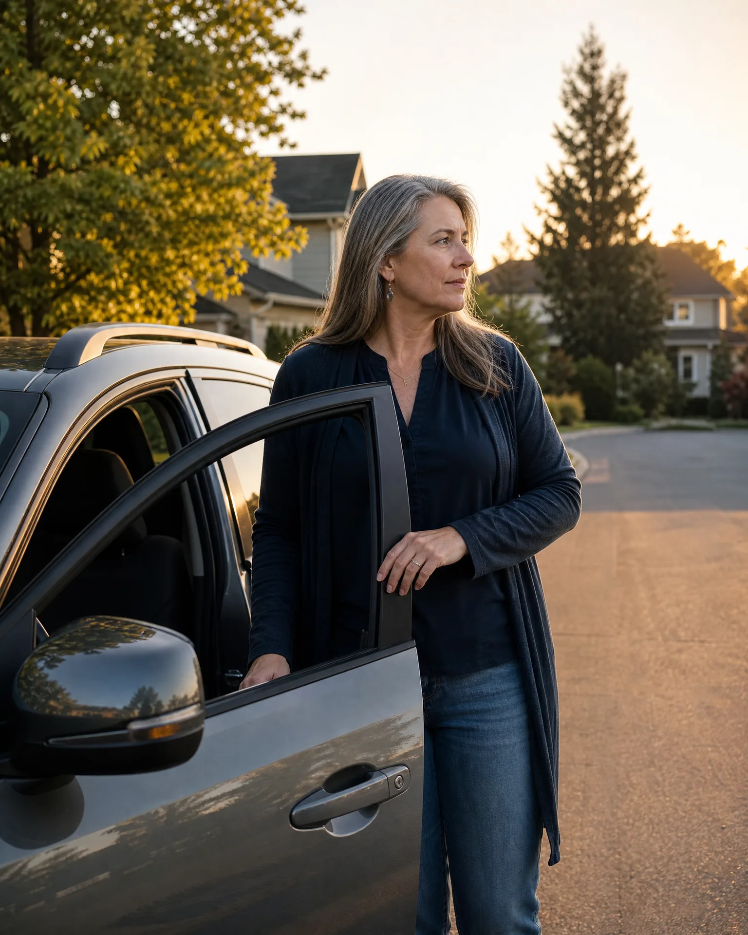 A woman with long gray-blond hair in a dark cardigan and jeans stands beside the open driver's door of a dark SUV on a suburban street at sunset, looking off to the side.