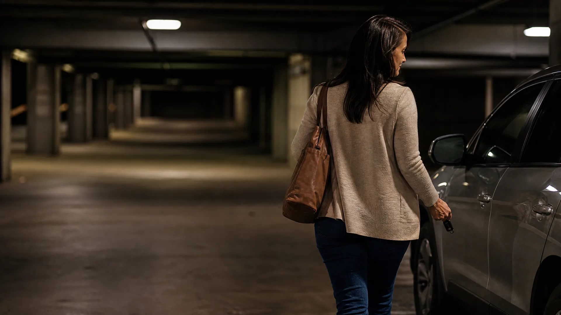A woman with long dark hair, a beige cardigan, jeans and a brown shoulder bag walks toward a parked car in a dimly lit underground parking garage, holding a key fob.