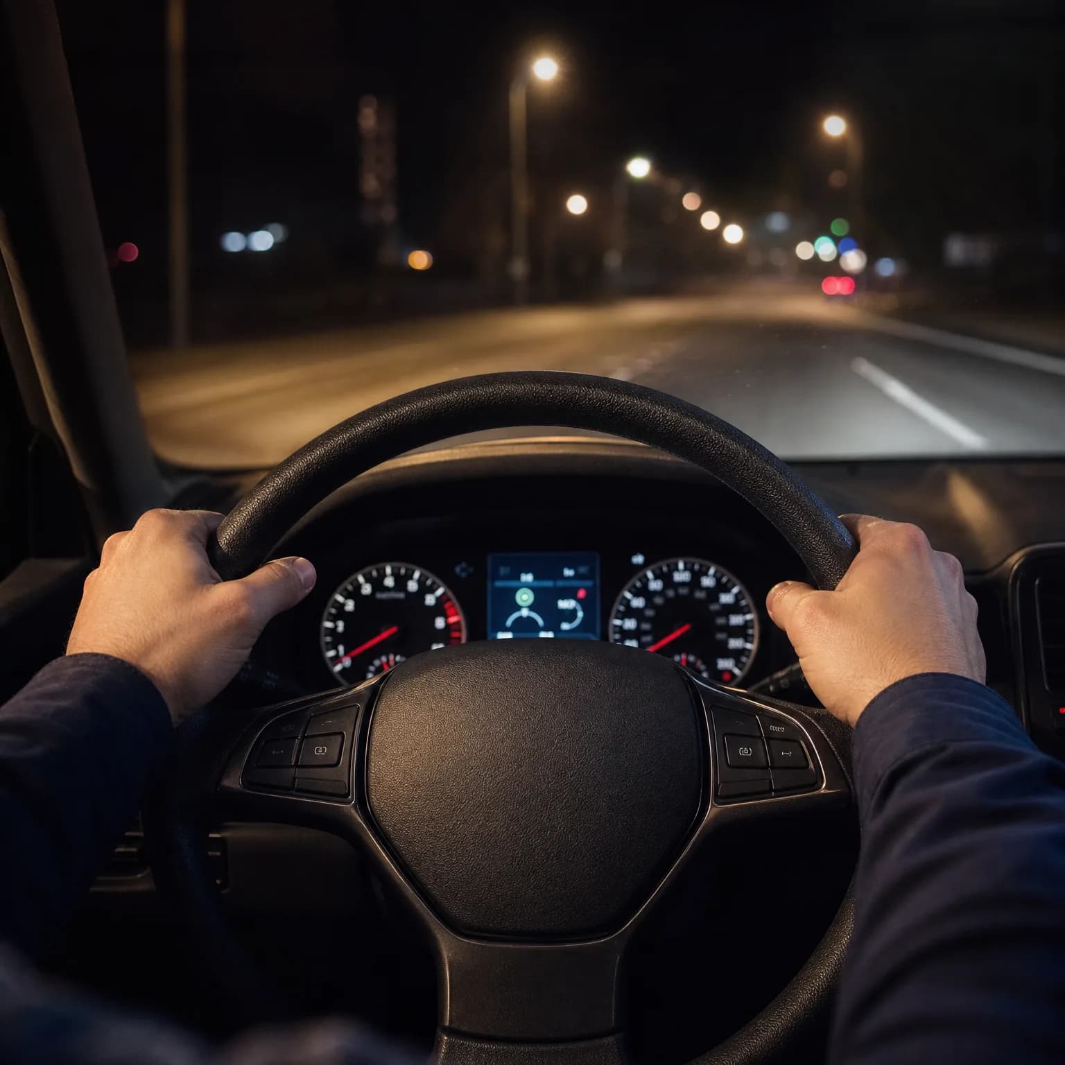 Driver's-eye view from inside a car at night, with two hands gripping the steering wheel, illuminated instrument cluster behind it, and a dark road with blurred street lights ahead.