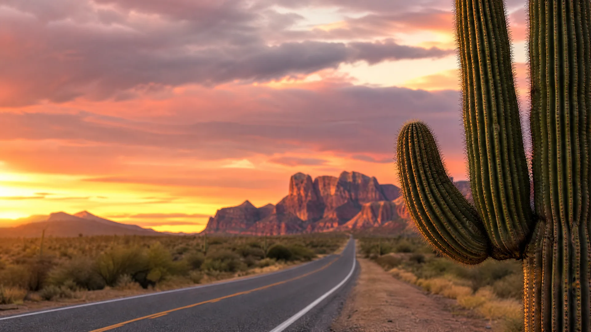 A two-lane road with yellow center lines curves through desert scrub toward rocky mountains under an orange and pink sunset sky, with a tall saguaro cactus in the right foreground.
