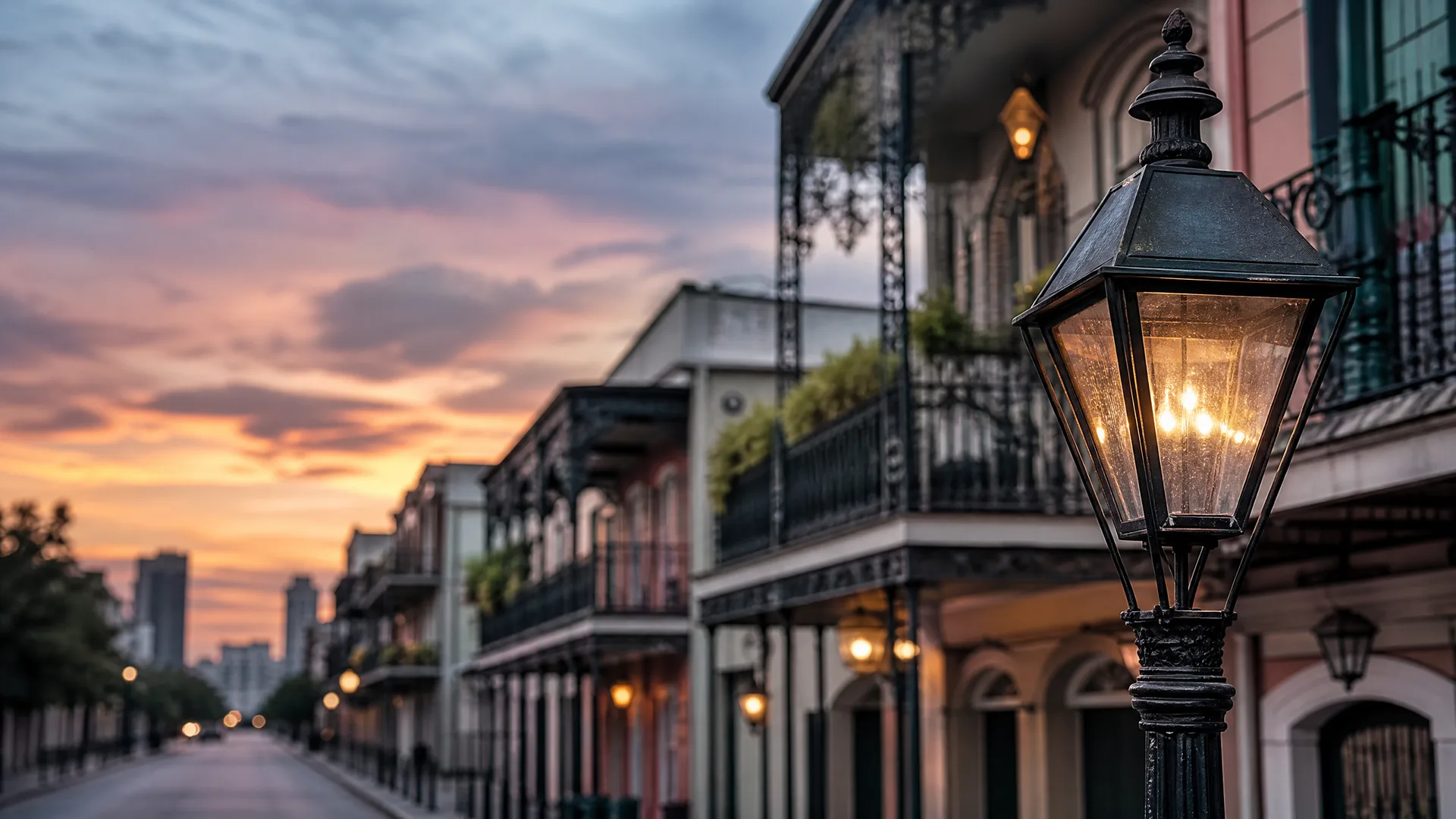 A lit ornate street lamp in sharp focus in the foreground, with a blurred street of balconied buildings with iron railings receding under a pink and orange sunset sky.