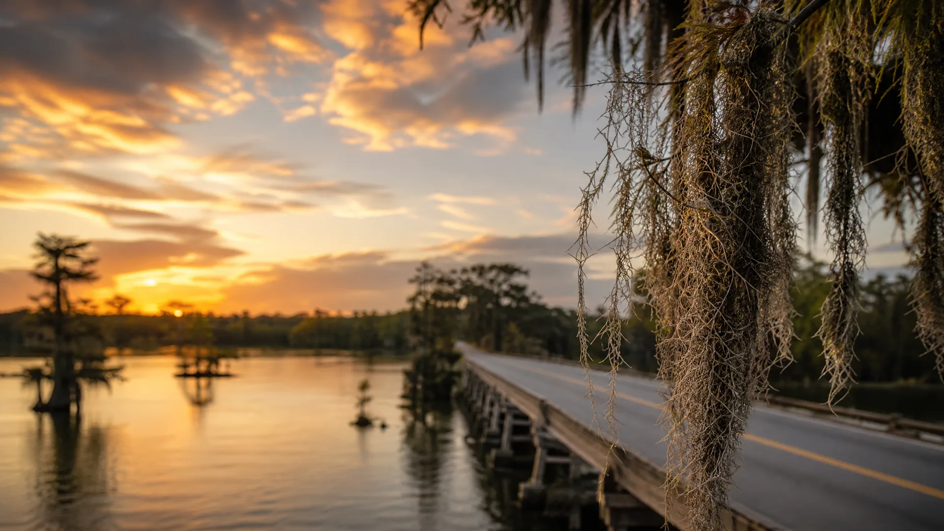 A two-lane road on a low bridge runs beside a calm lake with bald cypress trees at sunset, with strands of Spanish moss hanging in the right foreground.
