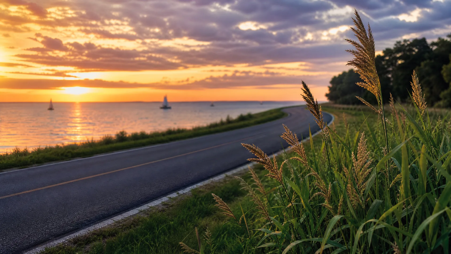 A two-lane paved road curves along a grassy shoreline at sunset, with tall seed-topped grasses in the foreground and sailboats on the water under an orange and purple cloudy sky.