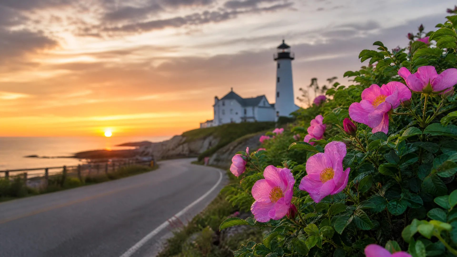 Pink wild roses in sharp focus in the foreground beside a curving coastal road, with a blurred white lighthouse and attached house on a headland above the sea at sunset.