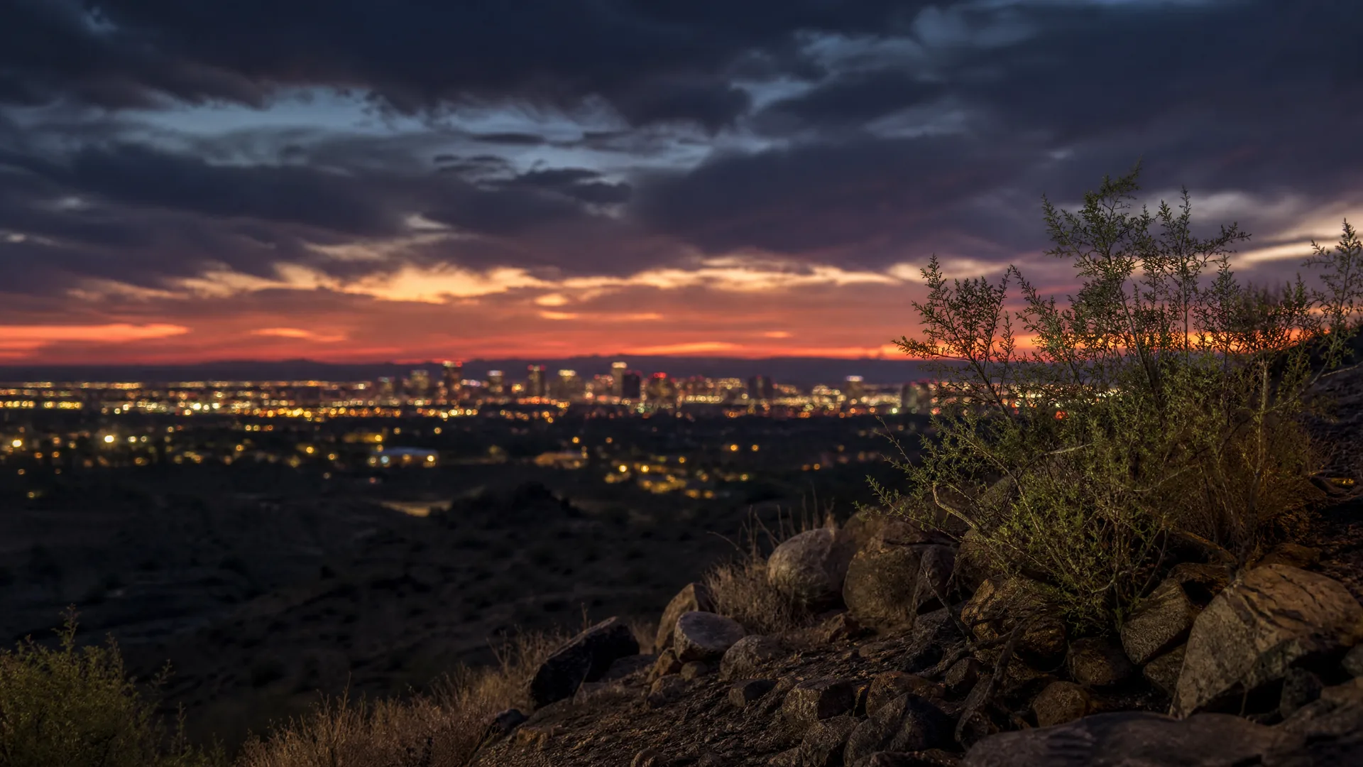 A rocky hillside with low desert shrubs in the foreground overlooking a distant city skyline with lit buildings under an orange and dark cloudy sky at dusk.