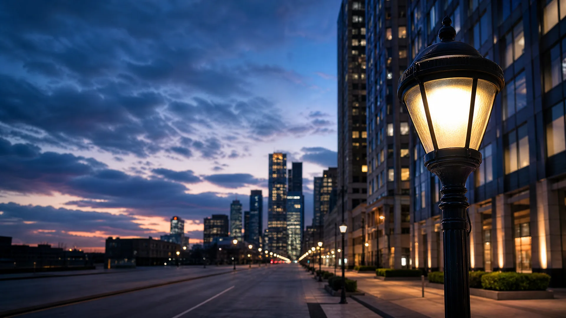 An illuminated ornate street lamp in the right foreground beside an empty city street at dusk, with glass-fronted buildings and a distant skyline under a cloudy blue and pink sky.