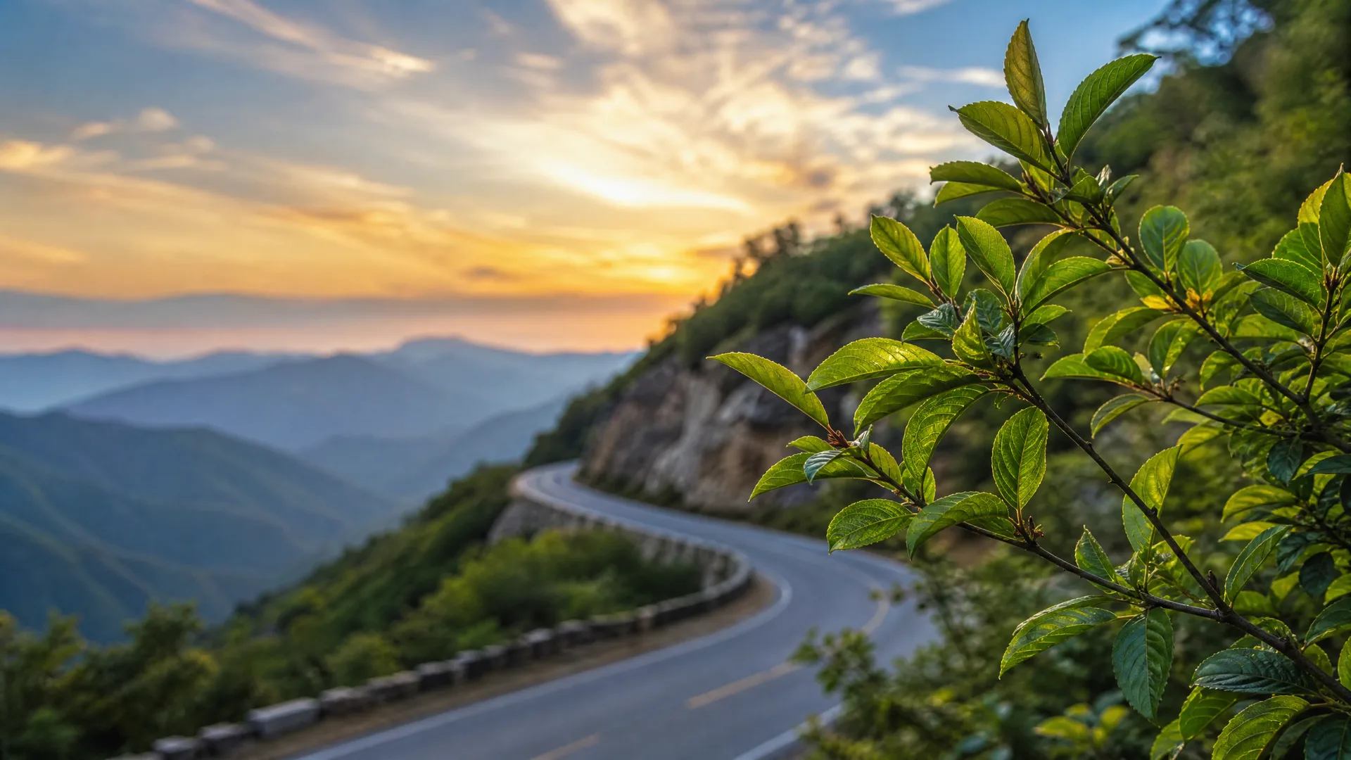A winding two-lane mountain road curves along a forested hillside at sunset, with layered ridges in the hazy distance and a sunlit leafy branch in sharp focus in the foreground.