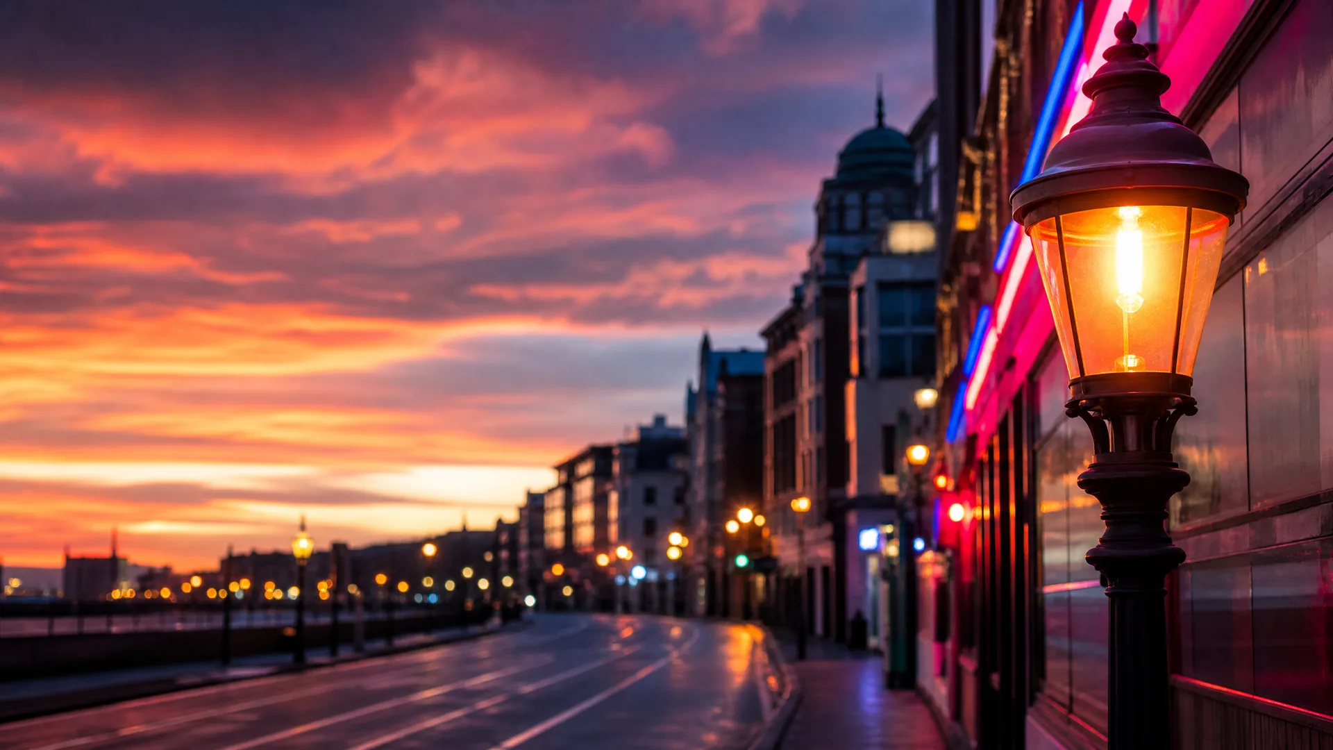 A lit ornate street lamp in the foreground beside a wet city street at dusk, with blurred buildings, neon-lit storefronts and an orange and purple cloudy sky.