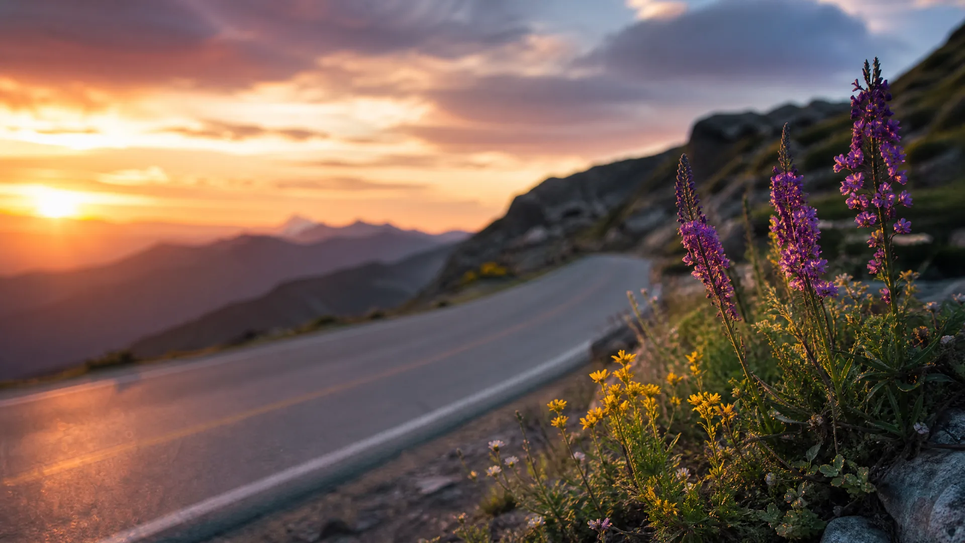 A paved mountain road curves along a slope at sunset, with purple and yellow wildflowers and rocks in sharp focus in the foreground and blurred ridgelines under an orange and violet sky beyond.