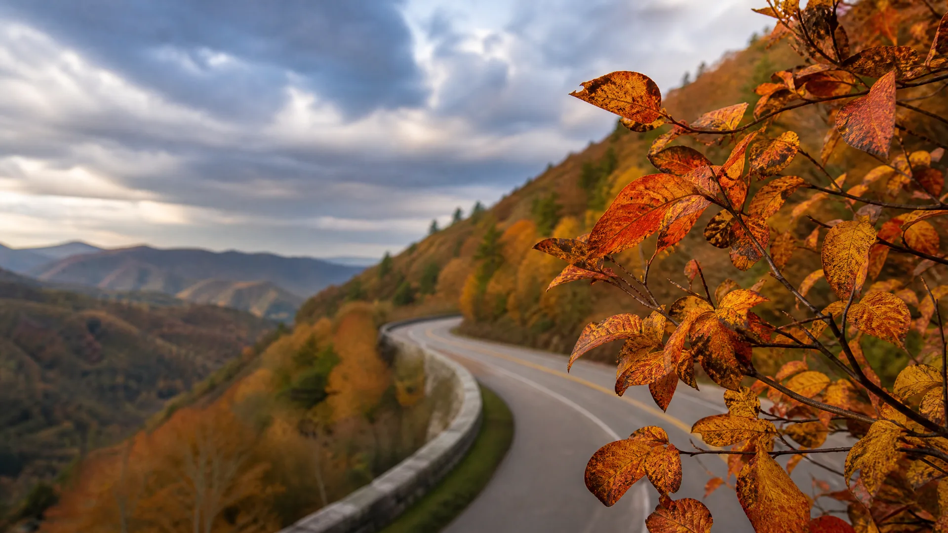 A curving two-lane road with a stone retaining wall runs along a forested mountainside, with layered ridges and cloudy sky in the distance and orange autumn leaves in sharp focus at the right foreground.