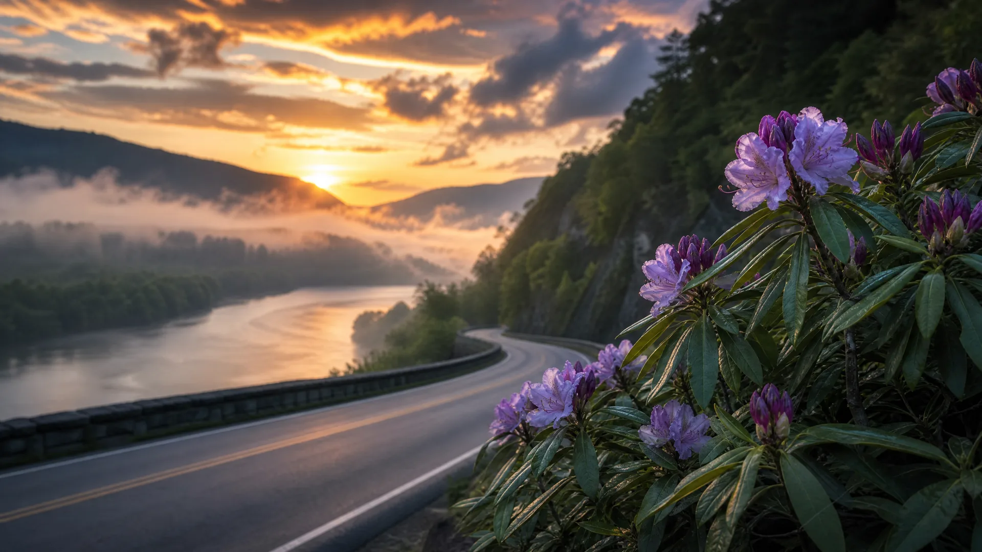 A curving two-lane road with a stone guardrail runs along a cliff above a misty river valley at sunrise, with purple rhododendron flowers and green leaves filling the right foreground.