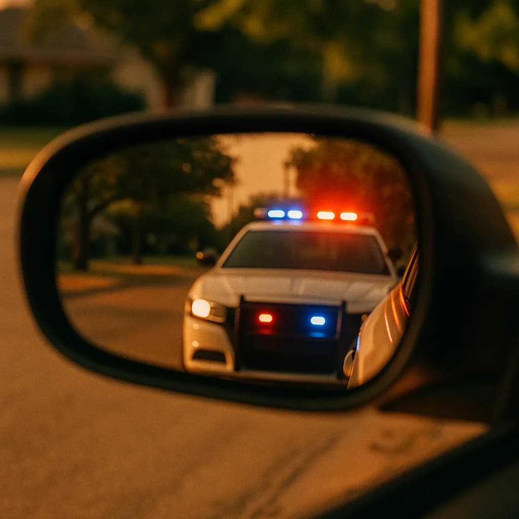Police car with flashing lights reflected in side mirror during traffic stop