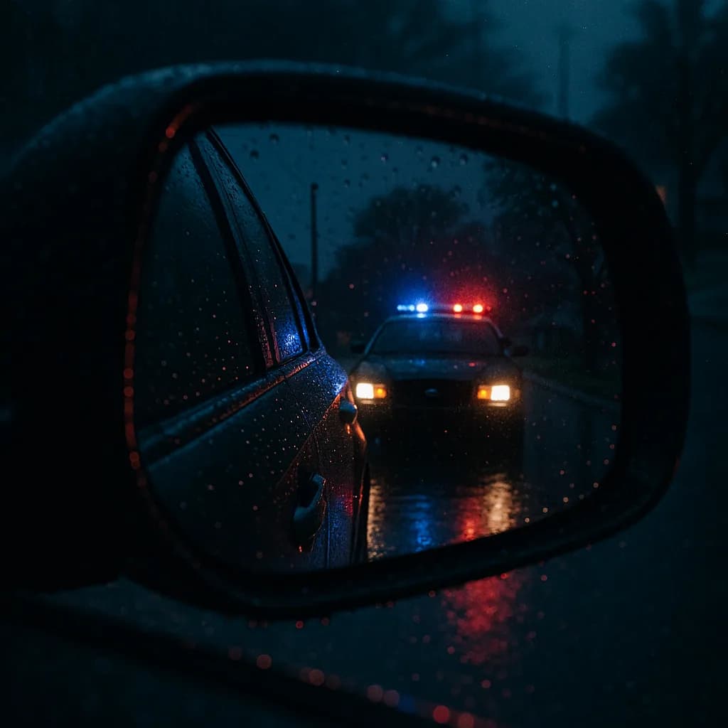 Police car with flashing lights reflected in wet side mirror during rainy night traffic stop