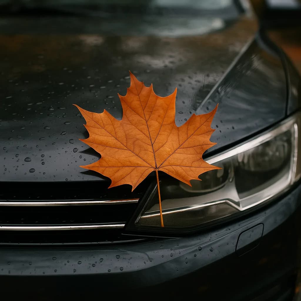Orange maple leaf on wet black car hood with raindrops in autumn