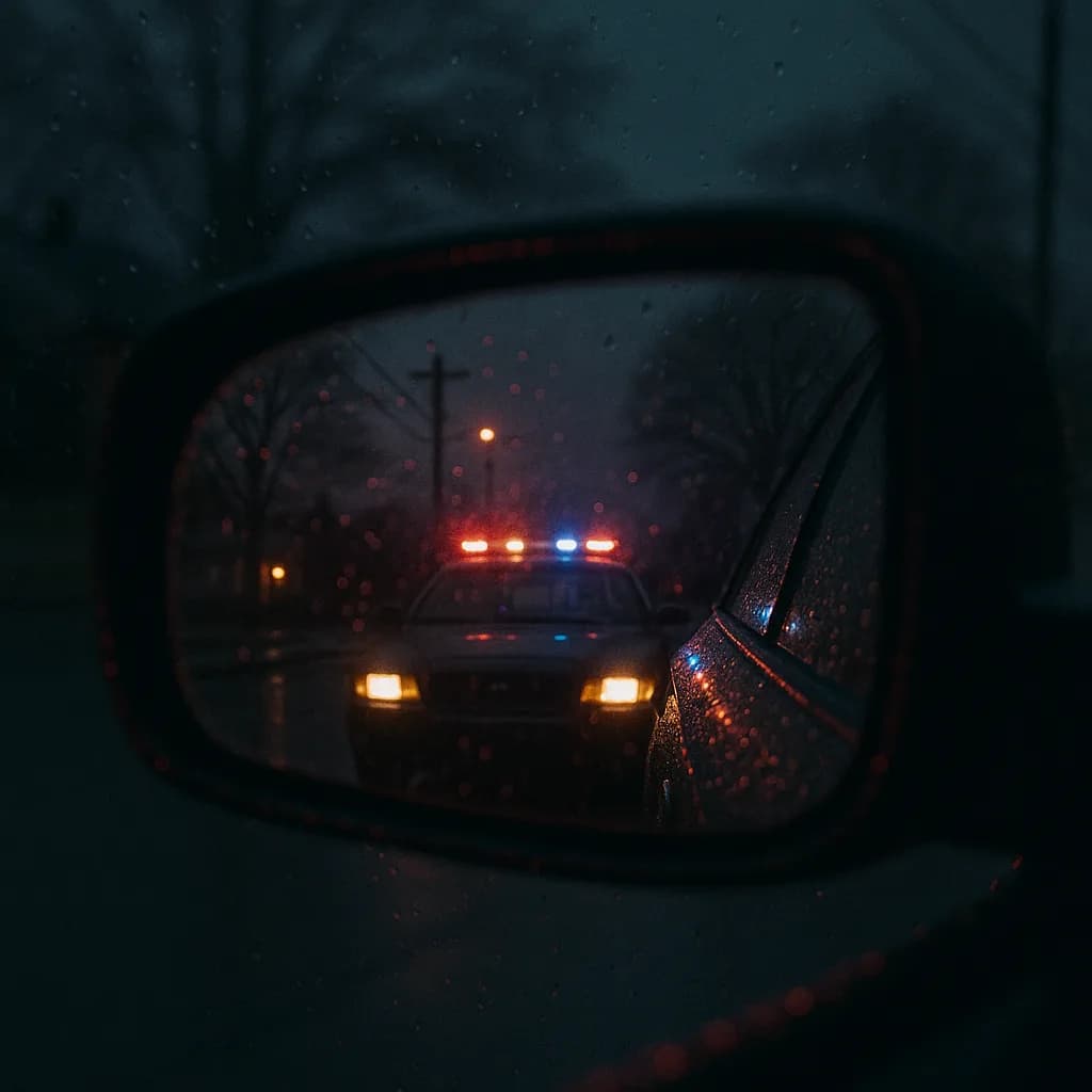 Police car with emergency lights visible in wet side mirror during rainy weather