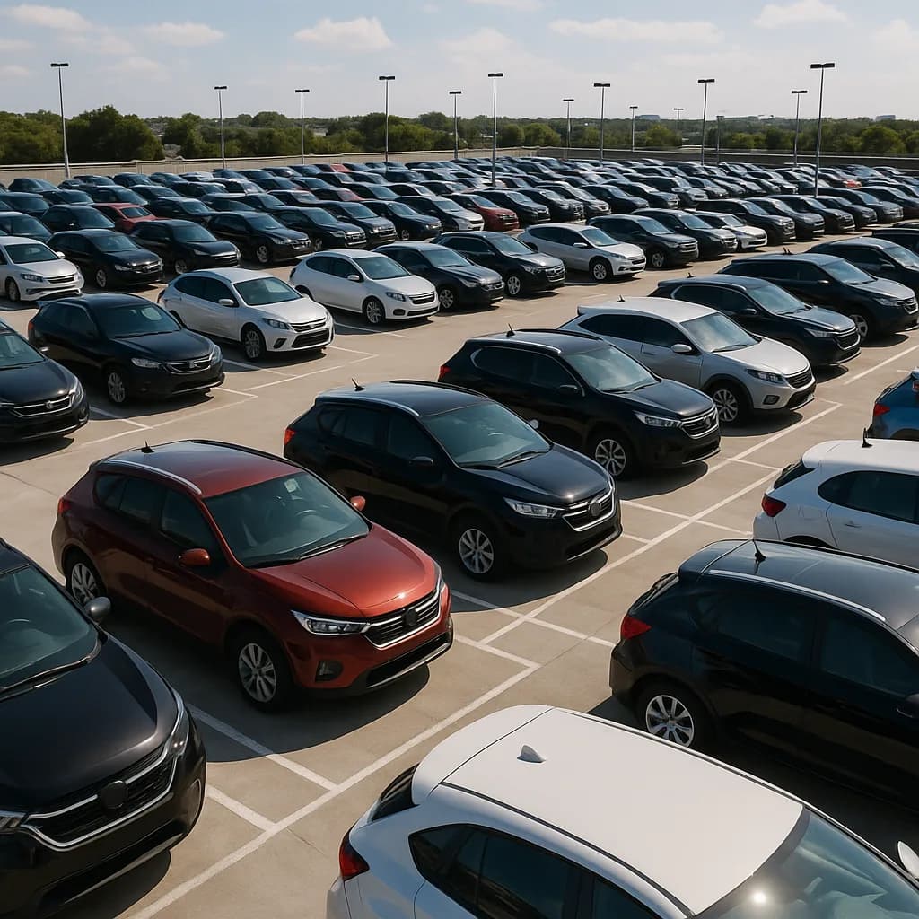 Aerial view of car dealership lot with rows of new vehicles parked in organized diagonal spaces