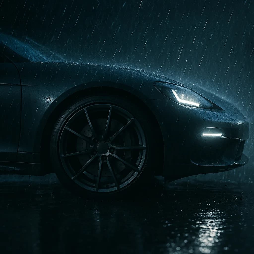 Dark blue sports car front with illuminated headlight in heavy rain at night