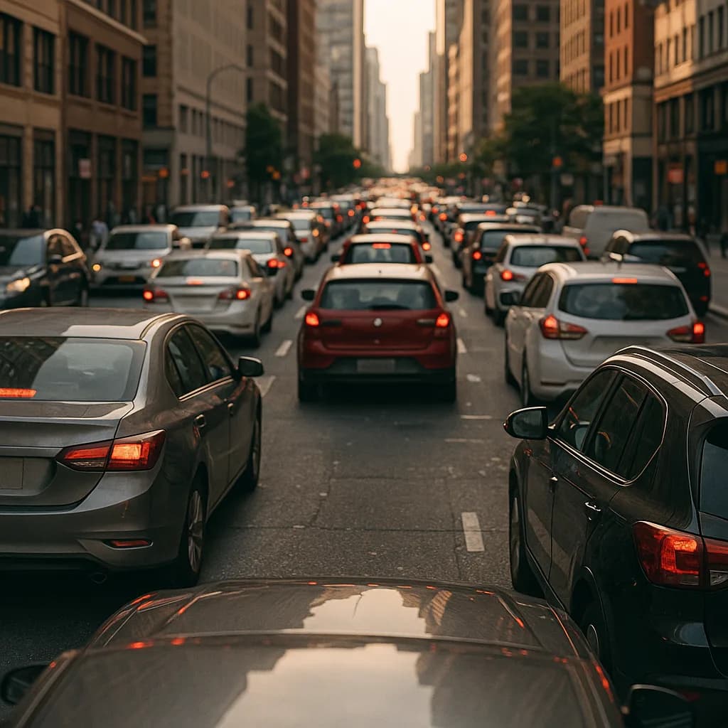 Heavy traffic congestion on a busy city street during rush hour with cars showing brake lights