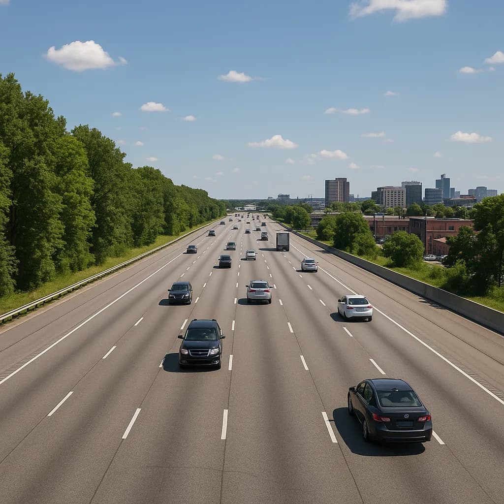 Multi-lane highway with light traffic, green trees on sides, and city skyline in distance under blue sky