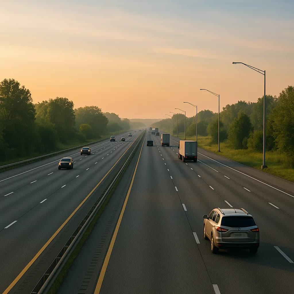 Highway at sunset with cars and trucks driving on multi-lane road lined with trees and street lamps