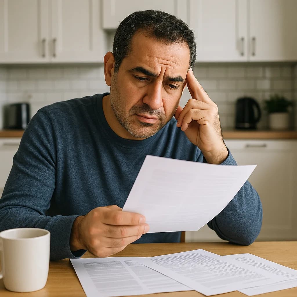 Worried man reviewing financial documents at kitchen table with stressed expression