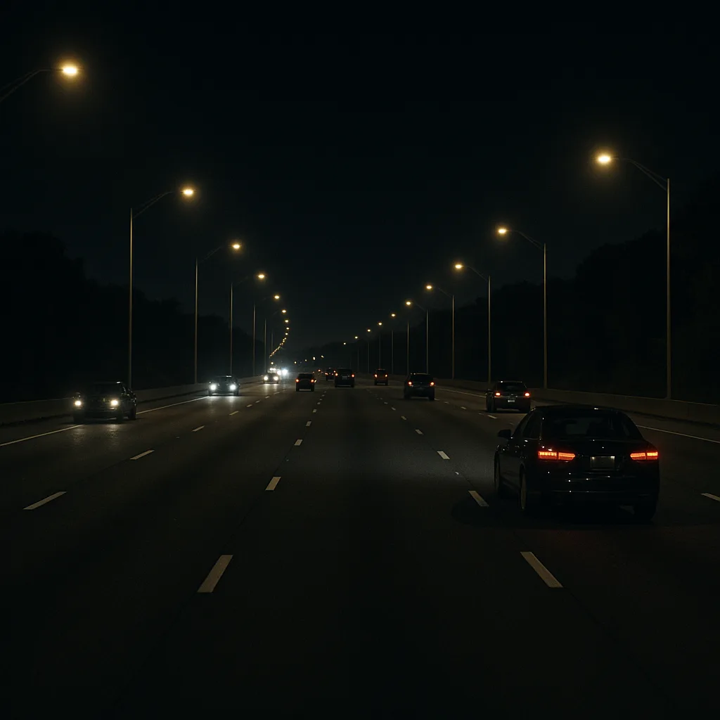 Night highway with street lights and cars driving, view from behind the wheel