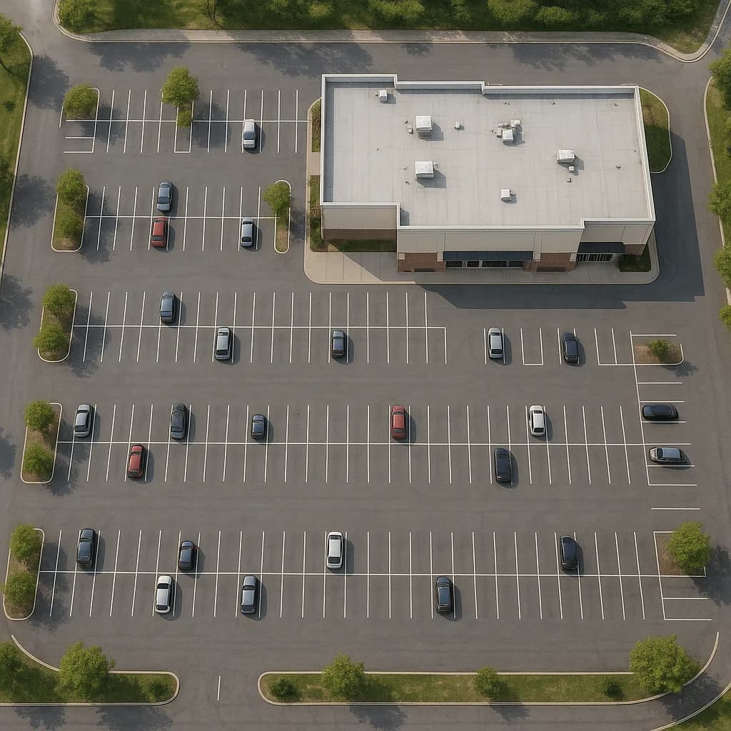 Aerial view of commercial parking lot with retail building and scattered parked cars