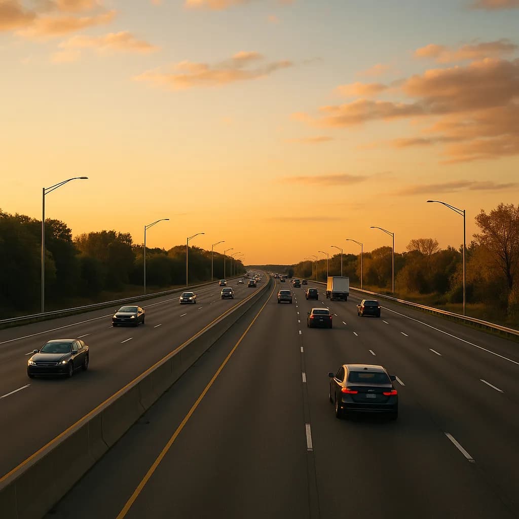 Highway traffic at sunset with street lamps and trees lining both sides under golden sky