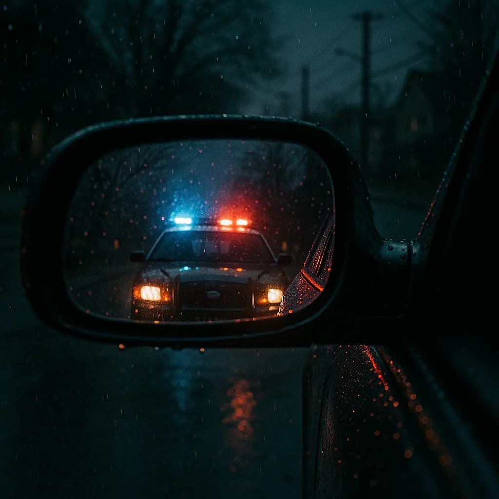 Police car with flashing lights reflected in rainy side mirror at night