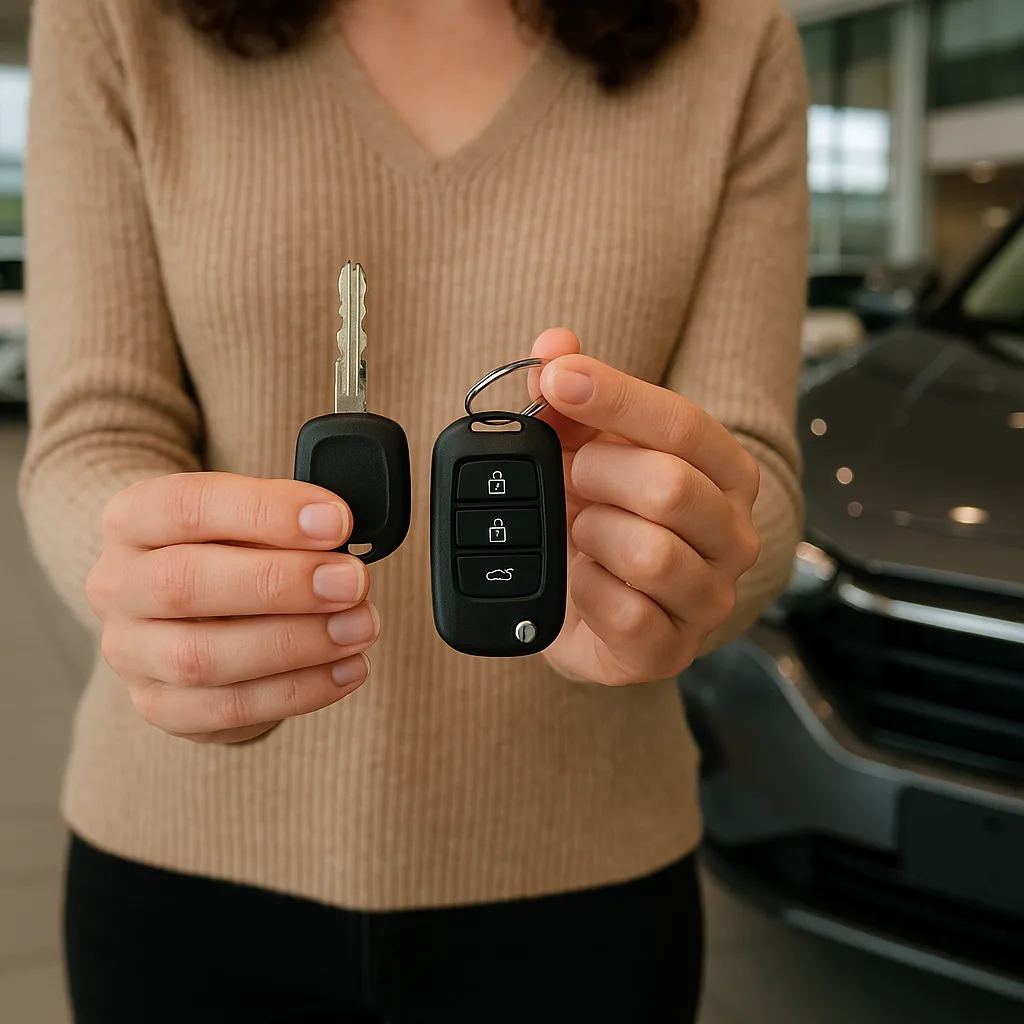 Person in beige sweater holding two black car key fobs in a dealership showroom