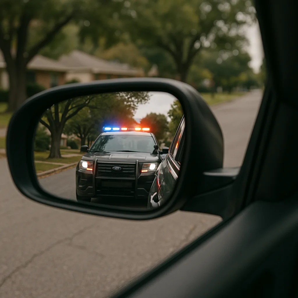 Police car with flashing lights visible in side mirror during traffic stop on residential street