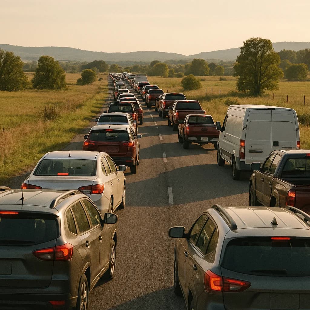Heavy traffic jam on rural highway with cars and trucks backed up through countryside landscape